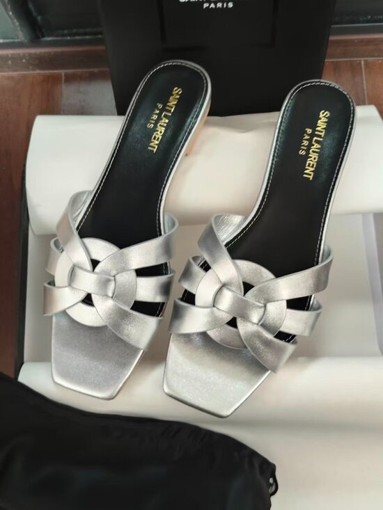 Saint Laurent. Shoes - Saint Laurent Metallic Silver Woven Square Toe Flat Sandals - Tribute Style